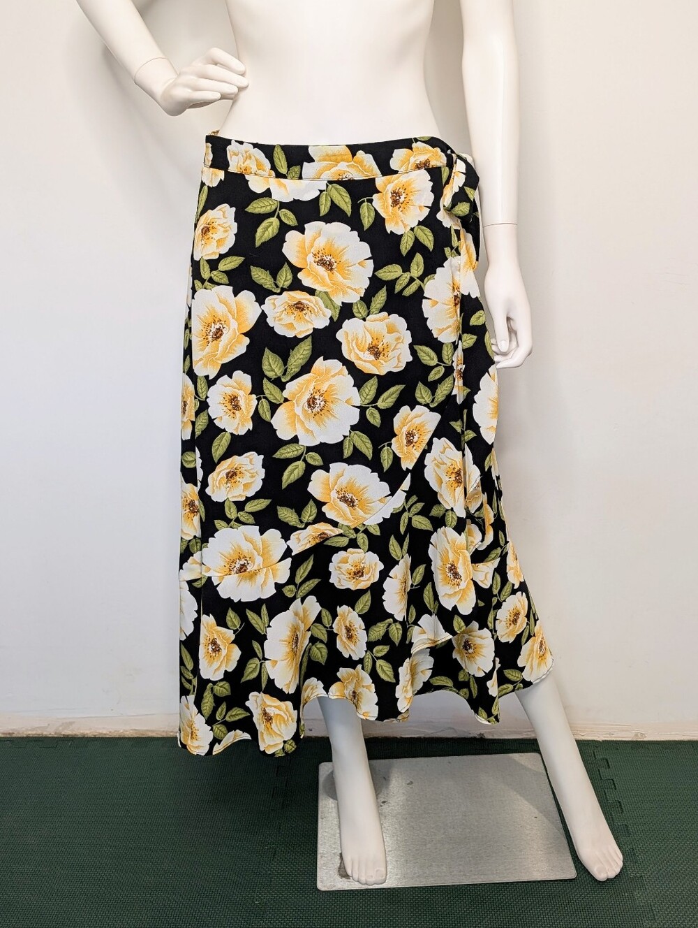 Black & Yellow Floral Layered Chiffon Mock Wrap Front Flowy Hi Low Midi Skirt